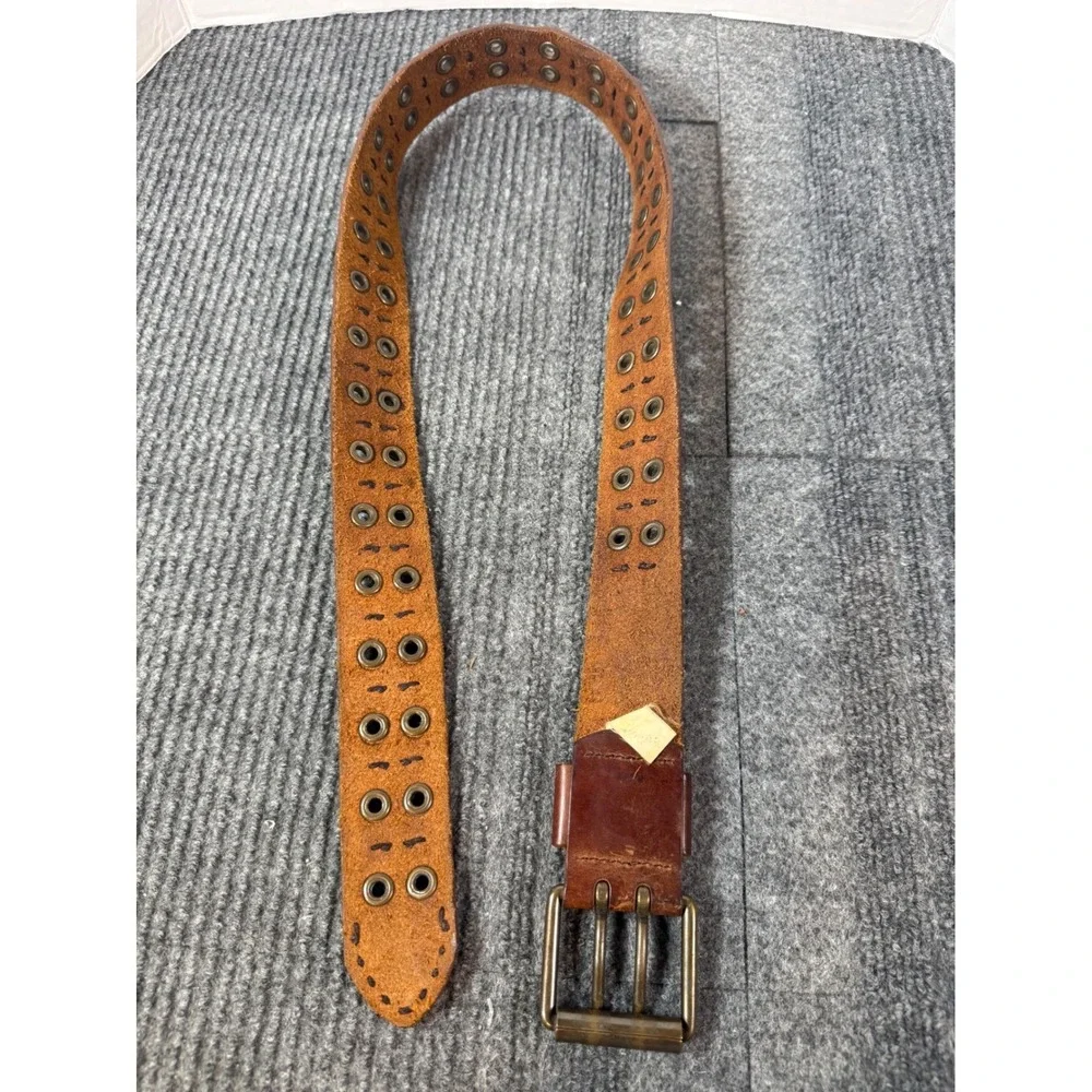 Vintage Distressed Brown Leather Grommet Belt Triple Prong Brass Buckle 40 Inch